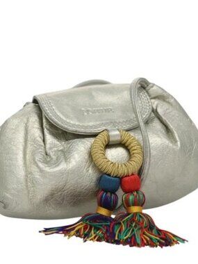 LOEWE Fringe Shoulder Bag Leather Silver tone Auth